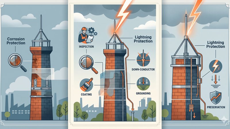 Иллюстрация промышленного дымохода с элементами защиты от коррозии и молниеотвода для статьи о обслуживании