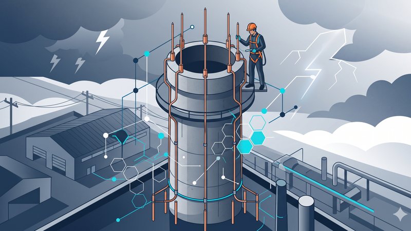 Современная иллюстрация промышленного дымохода с системой молниезащиты согласно техническим стандартам 2026 года